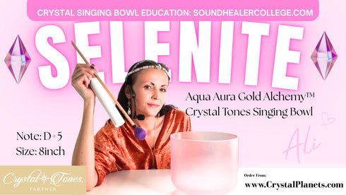 Rare 8" D Advanced Selenite Pink Aura Gold Alchemy™ Crystal Tones Singing Bowl